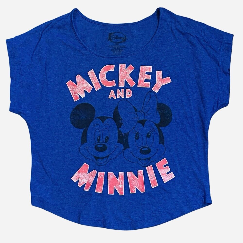 Disney Mickey And Minnie Mouse Distressed Blue Cap Sleeve Cropped T-Shirt Sz S